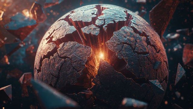 Shattered volcanic sphere revealing molten core with floating basalt fragments in space