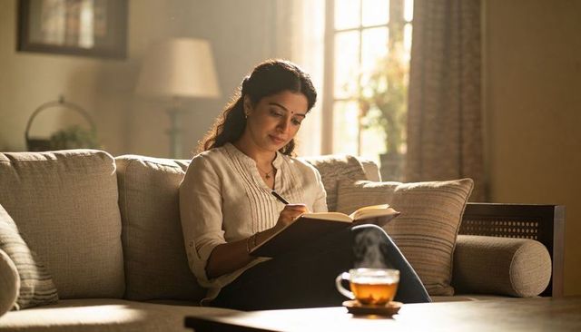 Indian woman writing journal on sunlit sofa with steaming cup of tea
