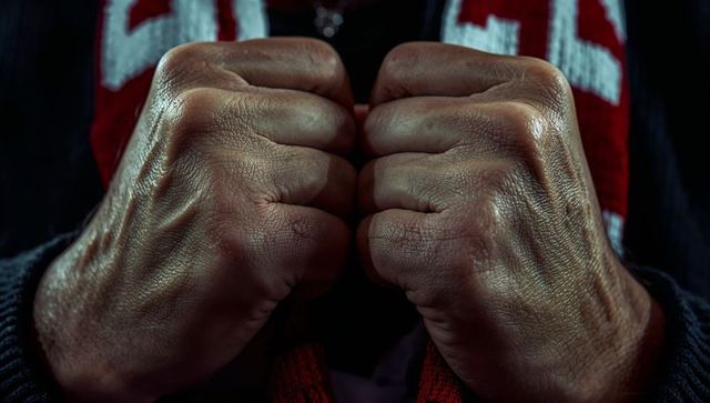Clenched fists closeup showing weathered hands texture, veins, wrinkles and knit scarf