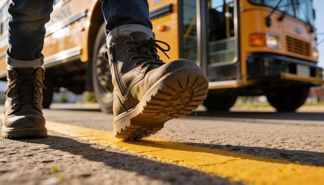 Stepping on yellow line with leather boot, cuffed jeans and school bus arrival