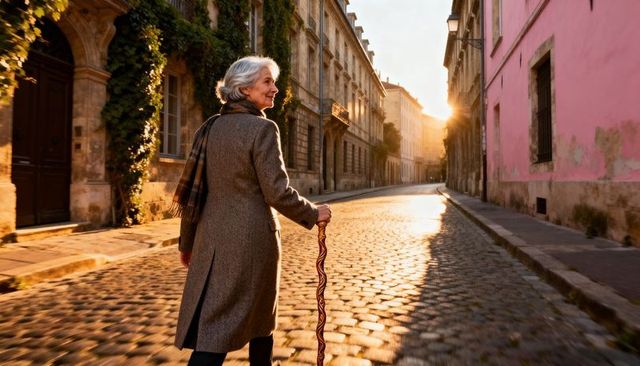 Elegant senior woman walking with cane on golden sunlit cobblestone street at sunrise