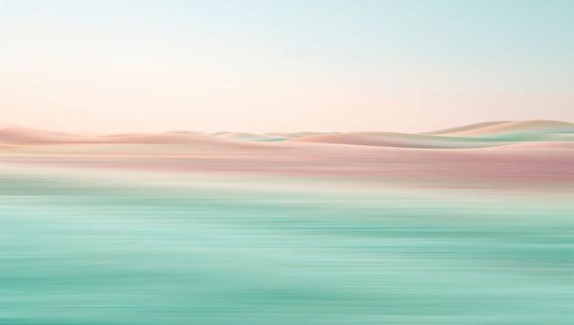 Pastel seascape blurring into horizon, turquoise water and coral dunes, minimal gradient