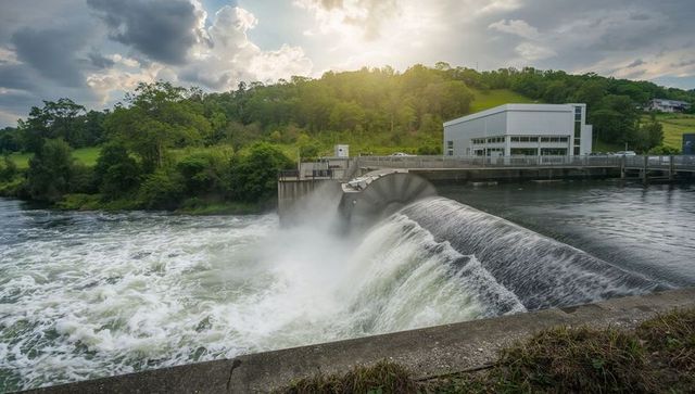 Releasing curved spillway water over dam crest creating foamy rapids and misty outflow