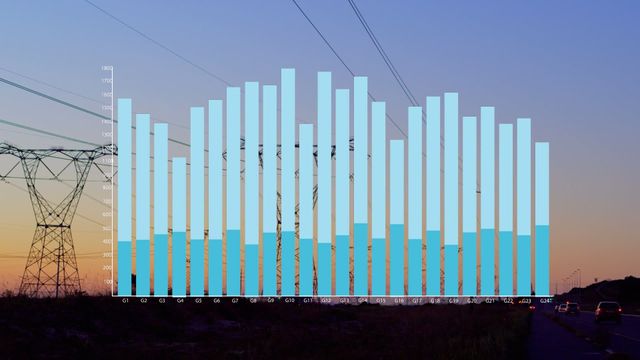 The image features a digital overlay of a data bar chart against a sunset backdrop with power lines. It symbolizes the fusion of technology and global energy infrastructure. Perfect for use in presentations on data analysis, renewable energy development, technology advancements in utilities, or global networking strategies.