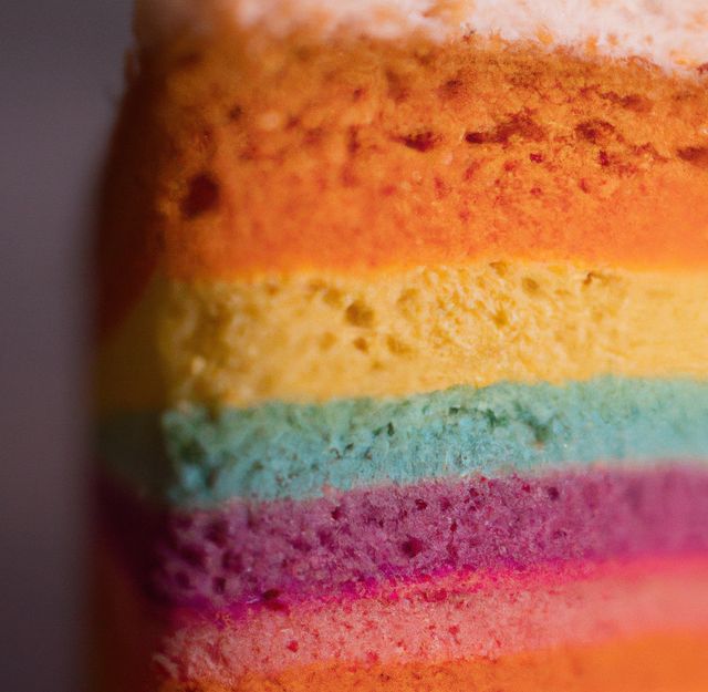 Image of close up of slice of rainbow cake with multi coloured layers. Baking, sweets, dessert and eating and breakfast concept.