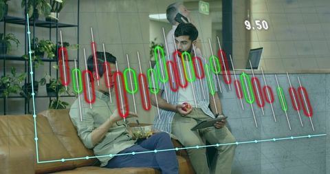 Colleagues Discussing Stock Market Data in Modern Office Lounge