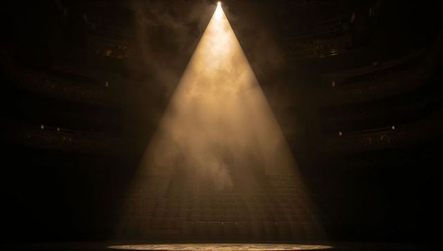 Amber Spotlight Casting Dramatic Cone onto Empty Theater Stage with Hazy Auditorium