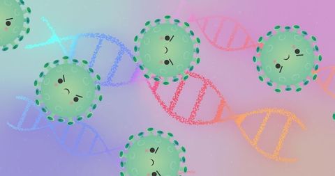 Cartoon viruses floating with colorful dna strands