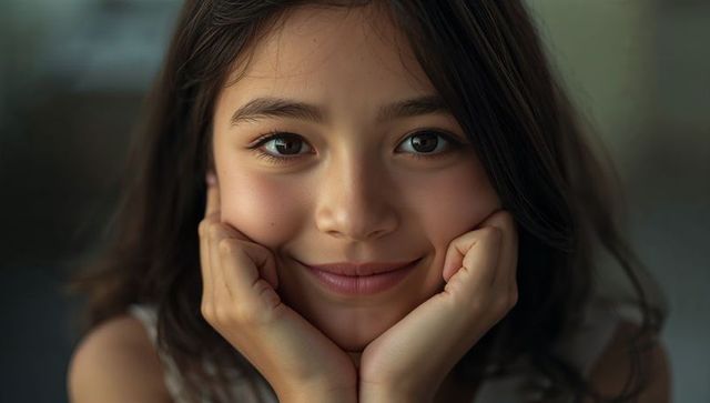 Closeup portrait of smiling girl resting chin in hands, innocent gaze and soft bokeh