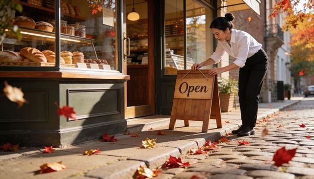 Female bakery owner placing open sign on cobblestone sidewalk amid autumn leaves