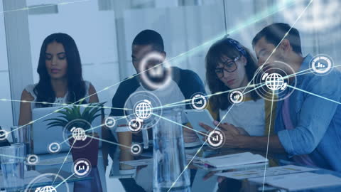 Diverse Team Engaging with Digital Network Interface in Modern Office