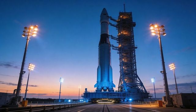 Standing orbital rocket on illuminated launchpad with service tower and mobile platform at dusk