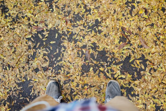 A person stands on pavement covered with yellow autumn leaves, viewed from above. Shoes and casual clothing add a touch of everyday life to this autumn scene. Use for seasonal promotions, nature-themed projects, or to evoke a warm, walking outdoors feel.