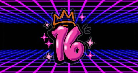 Retro Neon 16th Birthday Design with Crown and Stars