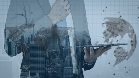 Businessman Using Tablet with Digital Cityscape and Globe Overlay