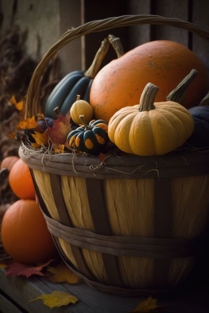 This image depicts a basket of assorted pumpkins and gourds, perfect for autumn and fall-themed projects. The mix of colors and shapes brings out the feeling of harvest and seasonal change. This visual can be used for Thanksgiving decorations, fall event promotions, and any creative project that highlights the beauty of autumn.