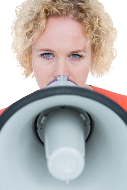 Transparent Closeup of Blonde Woman Speaking into Megaphone - Download Free Stock Videos Pikwizard.com