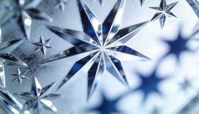 Blue crystal starburst macro with frosted motifs and prism reflections