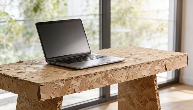 Slim silver laptop resting on osb trestle table by window with natural light and greenery