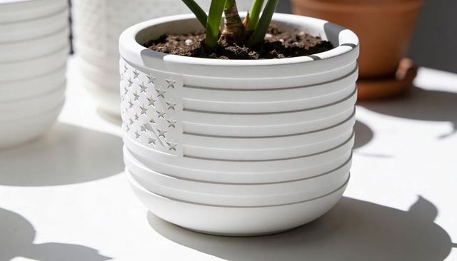 White ceramic planter featuring embossed american flag motif on sunlit windowsill minimalist decor