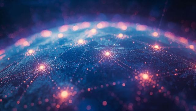 Interconnected Glowing Network Nodes on Digital Grid