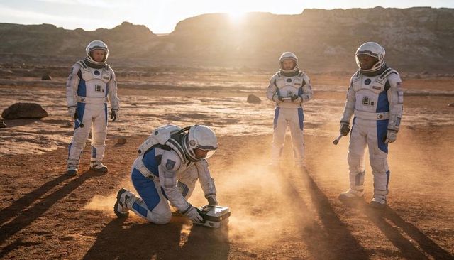 Mars exploration crew conducting sample retrieval on red planet plain at sunset