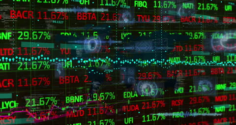 Glowing Stock Market Data Over Night Cityscape