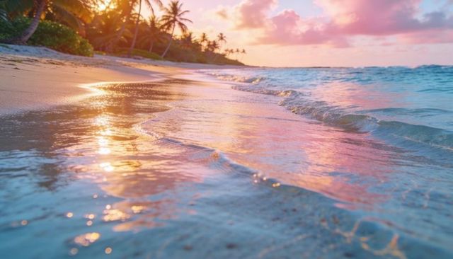 Tropical sunset reflecting pink light on shimmering sandy shoreline with palm silhouettes