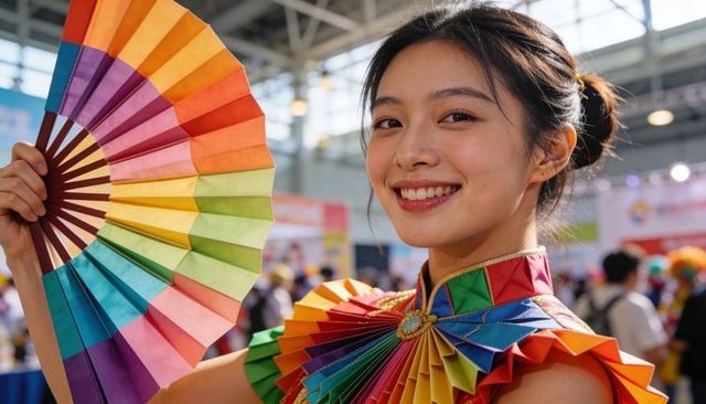 Smiling young woman wearing pleated rainbow costume and holding vibrant fan at expo