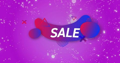 Vibrant purple gradient sale banner with sparkles and abstract geometric shapes for promotion