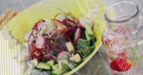 Vibrant Salad with Health Data Overlay Promoting Nutritious Lifestyle