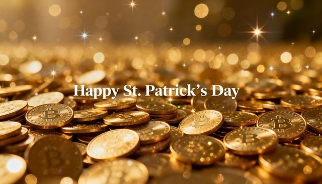 Glittering bitcoin gold coins with happy st. Patrick's day text, luxury cryptocurrency