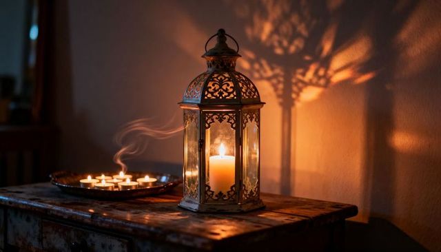 Ornate lantern casting filigree shadow, glowing candlelight ambience