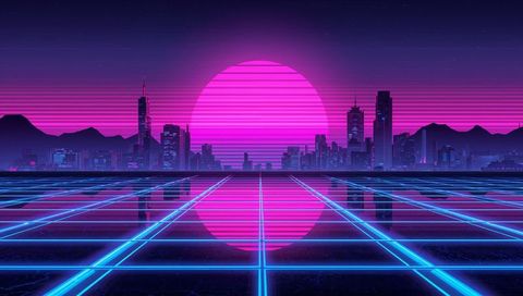 Retro futuristic neon cityscape with glowing magenta sun and reflective grid horizon