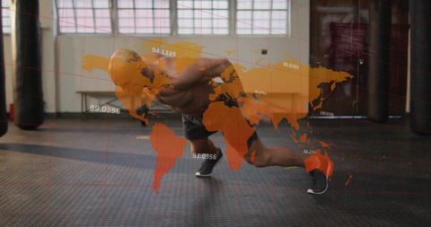 Shirtless Athlete Performing Explosive Lunge in Gym with Global Data Map Overlay for Training Tech