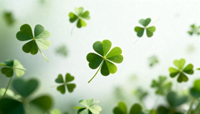 Floating four-leaf clover macro with heart-shaped leaves, soft bokeh and green luck
