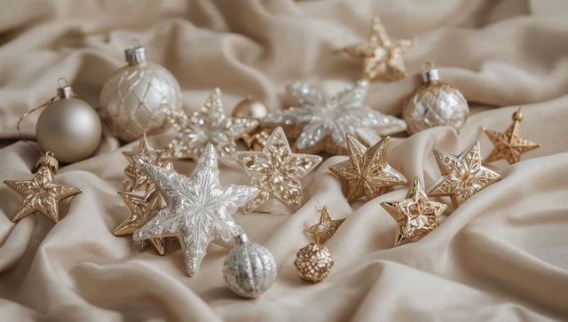 Displaying gold and silver star and ball ornaments on draped champagne satin fabric