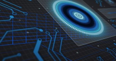 Glowing ring casting translucent hud panel over neon circuit grid for tech interface