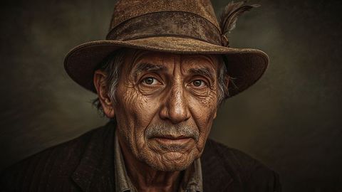 Dignified old people in vintage feathered fedora portrait