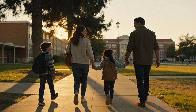 Family walking on university campus at sunset holding hands, back-to-school evening scene