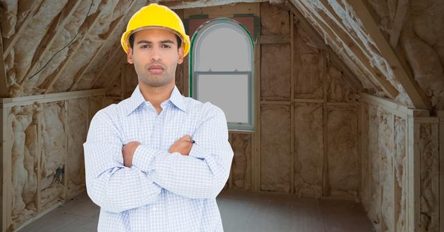 Architect wearing safety gear standing confidently with arms crossed in insulated attic space of building under construction. Ideal for illustrating home renovation projects, building inspections, construction safety, or professional architectural services.
