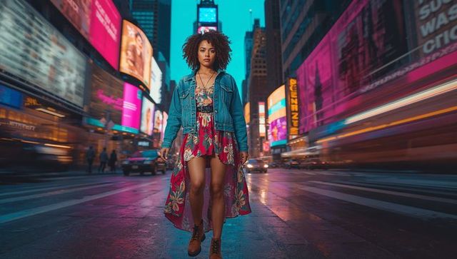Confident Woman Striding Through the Neon-Lit Urban Jungle