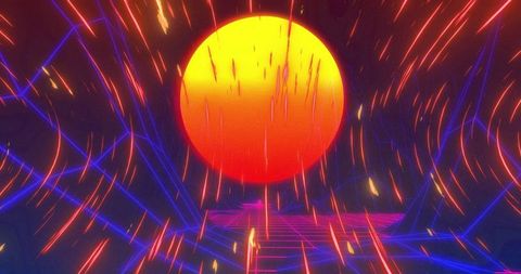 Retro Futuristic Landscape with Glowing Sunrise and Digital Grid