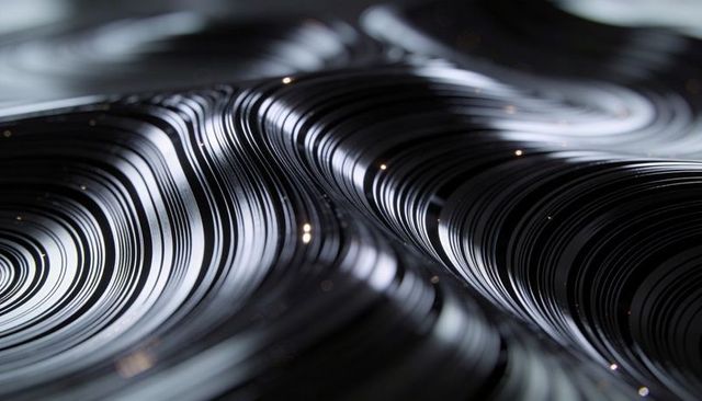 Glossy Concentric Metallic Rings Forming Wavy Reflective Surface with Bokeh Highlights