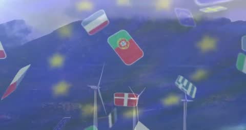 Wind Turbines with European Flags in Mountainous Landscape