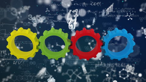 Colorful Gears Interaction Over Digital Data Backdrop