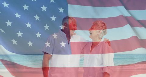 Senior Couple Enjoying Summer with USA Flag Overlay