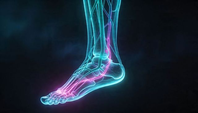 Glowing x-ray foot anatomy highlighting bones, joints and blood vessels in neon colors