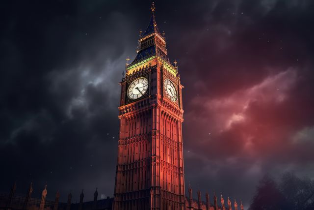 Big Ben tower glowing at night with dramatic stormy sky, perfect for travel brochures, posters, and educational resources about London's landmarks.