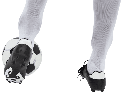 Transparent soccer player in cleats kicks classic black and white ball